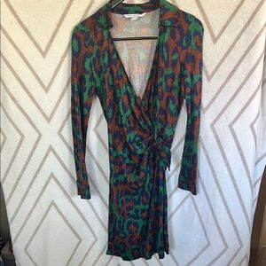 Diane Von Furstenberg Green, Navy and Brown Leopard Faux Wrap Collared Dress